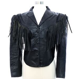 Vintage 80s Women's Medium Black Fringe Leather Jacket Western Biker